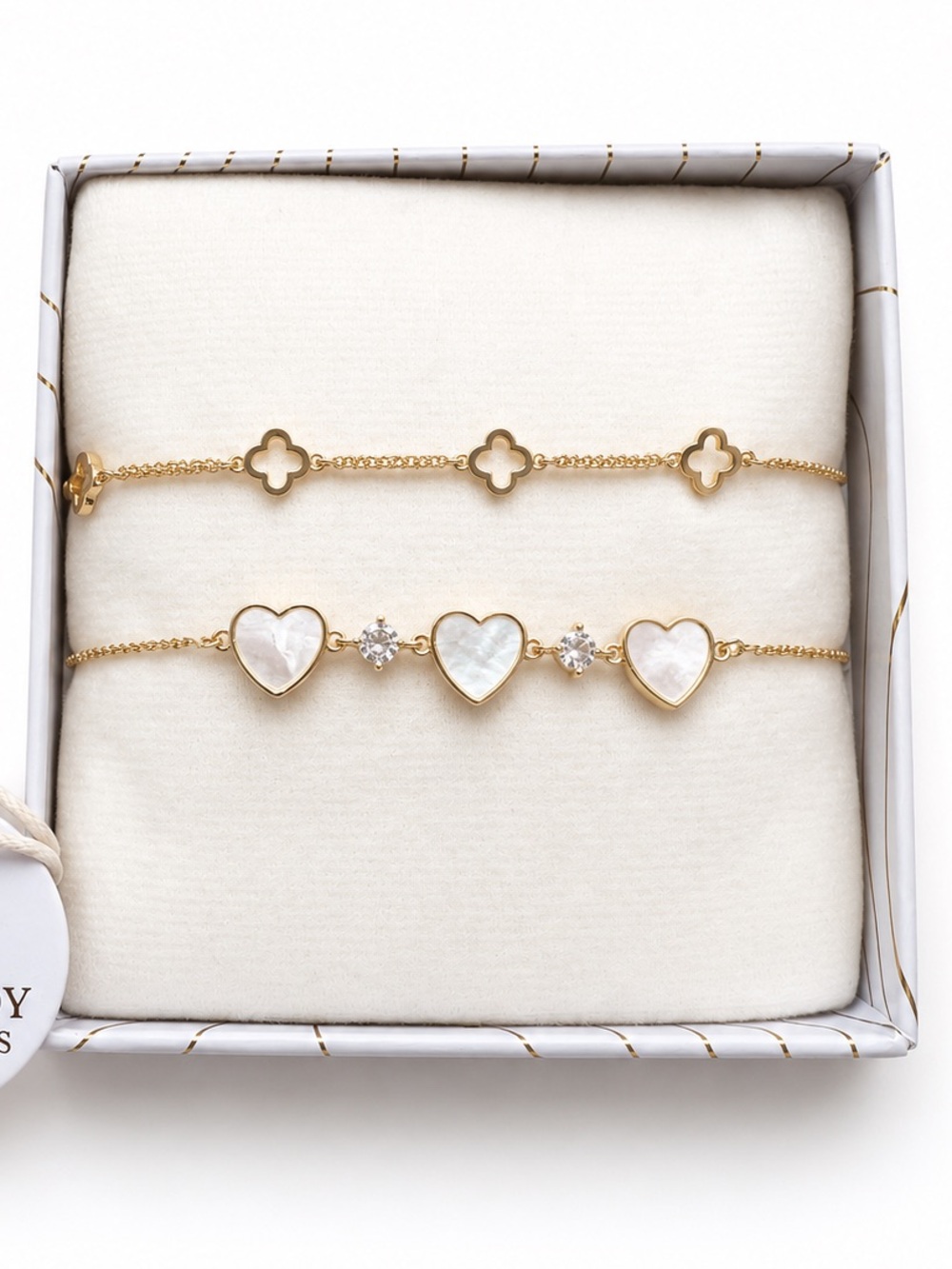 Eye Candy Armcandy Luxe Set 2 Gold Adjustable Bracelet Duo Hearts & Clover NWT